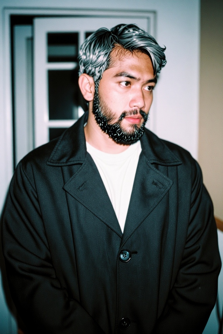 The image shows a person with gray,  textured hair and a full beard. They are wearing a black coat with a large button on...