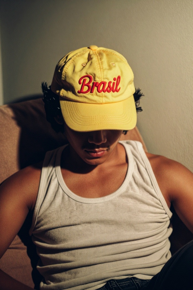 The image shows a person wearing a yellow cap with the word "Brasil" written in red cursive. The individual is lying down,...