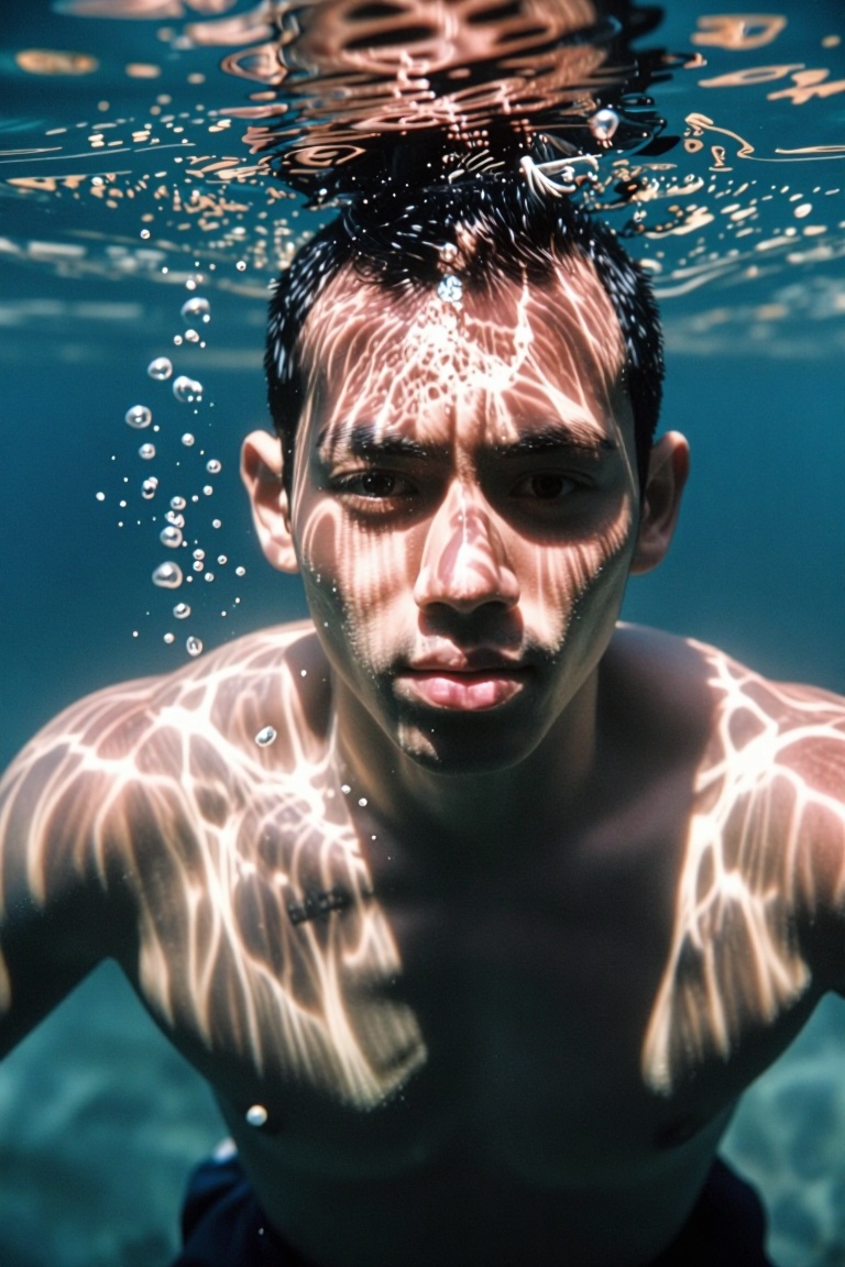The image depicts a man submerged in water,  with his head above the surface. The water is clear,  allowing the light to c...