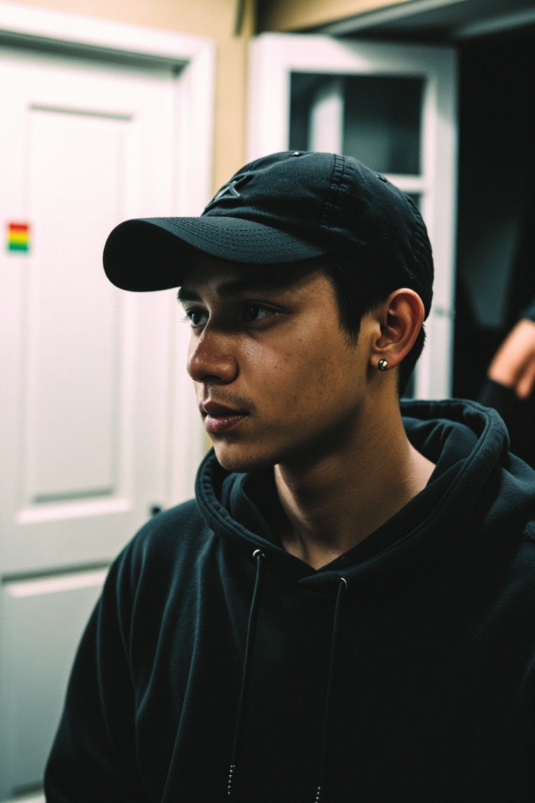 The image shows a person wearing a black cap and a black hoodie. The individual has a short hairstyle and is wearing small...