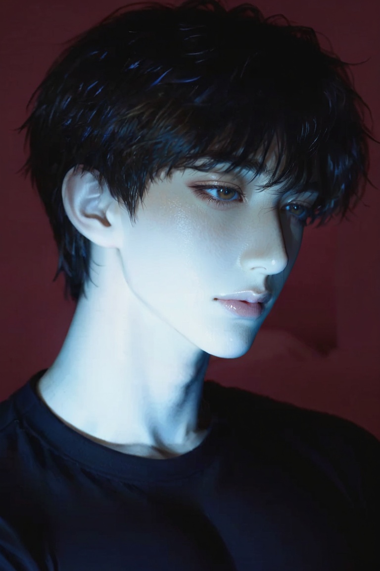 A close-up portrait captures a young individual with short,  messy dark hair and fair skin. The subject's face is illumina...