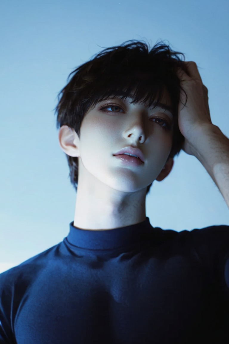 A close-up portrait captures a young individual with short,  messy dark hair and fair skin. The subject's face is illumina...