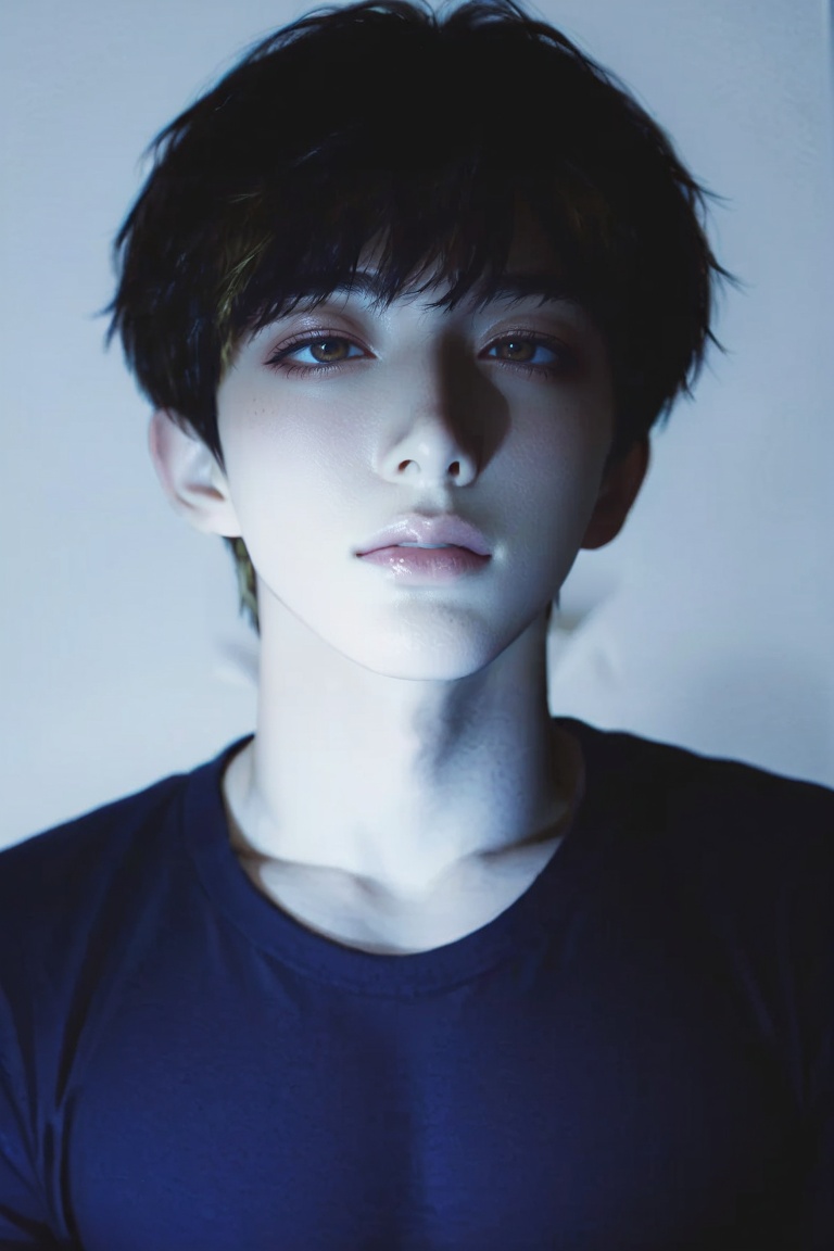 A close-up portrait captures a young individual with short,  messy dark hair and fair skin. The subject's face is illumina...