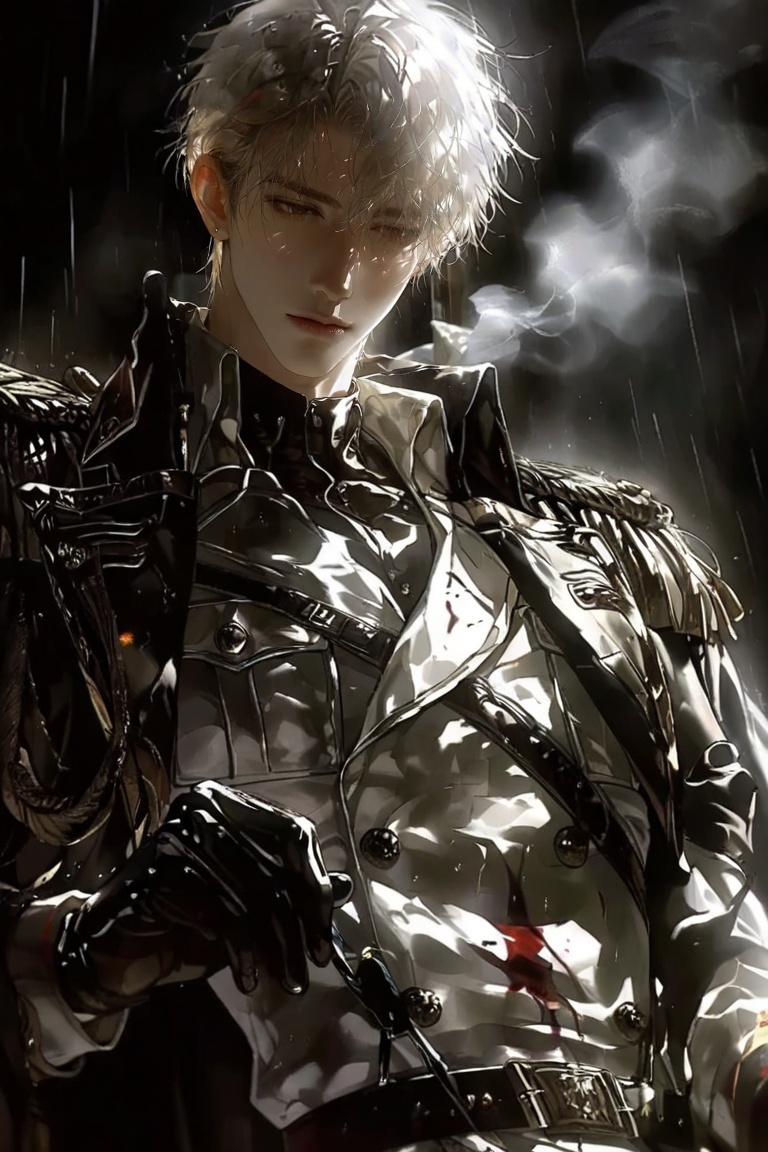 A pale,  young man with disheveled white hair and a cigarette in his mouth is the central figure in this moody digital pai...