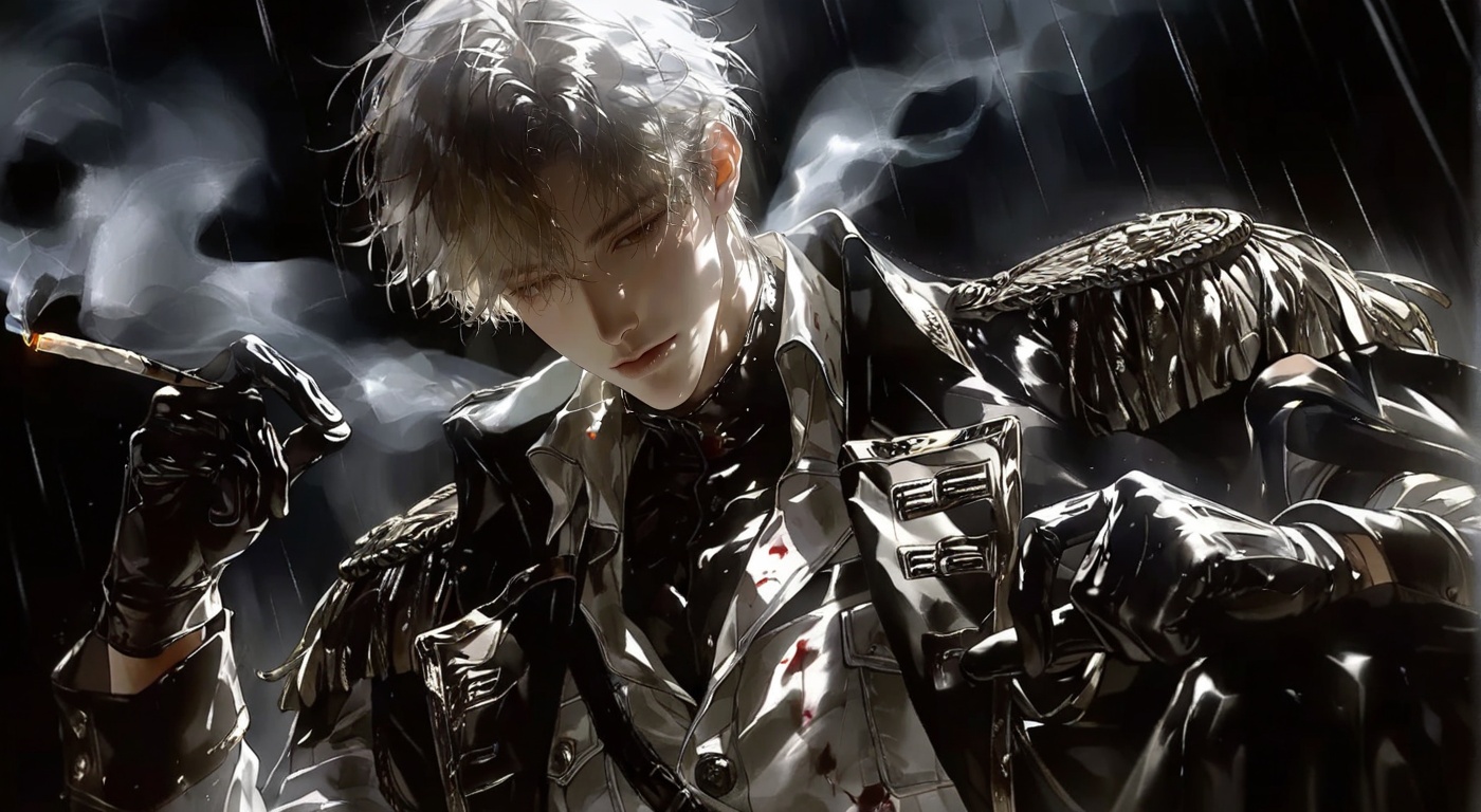 A pale,  young man with disheveled silver hair and a cigarette in his mouth is the central figure in this moody digital pa...