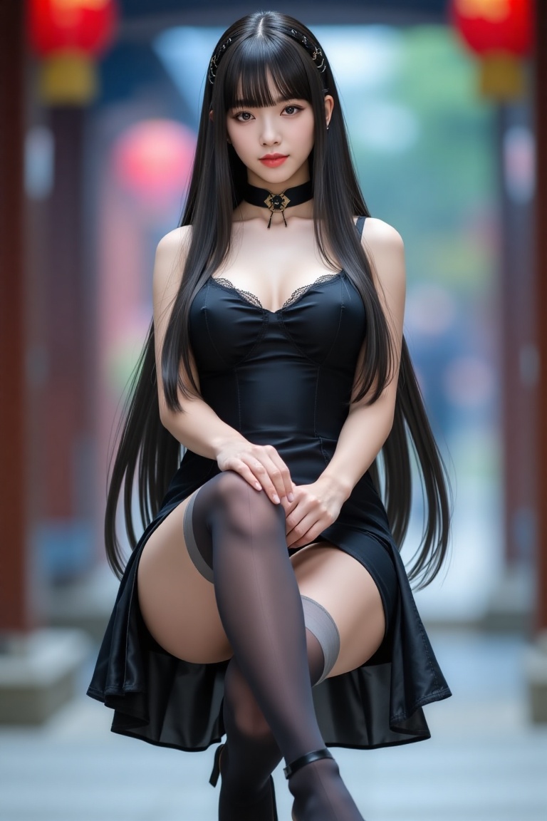 Create a masterpiece in best quality featuring a solo 1girl with long,  black hair and brown eyes. She has large breasts,...