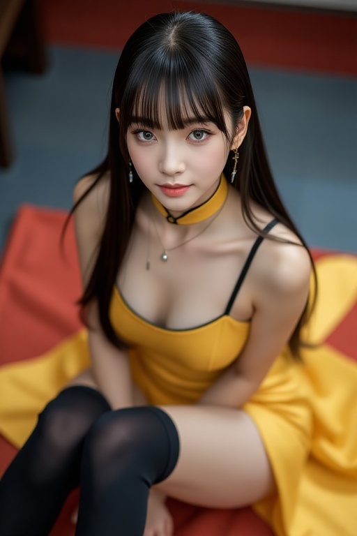 Create a masterpiece in best quality featuring a solo girl with long black hair and large breasts,  looking directly at th...