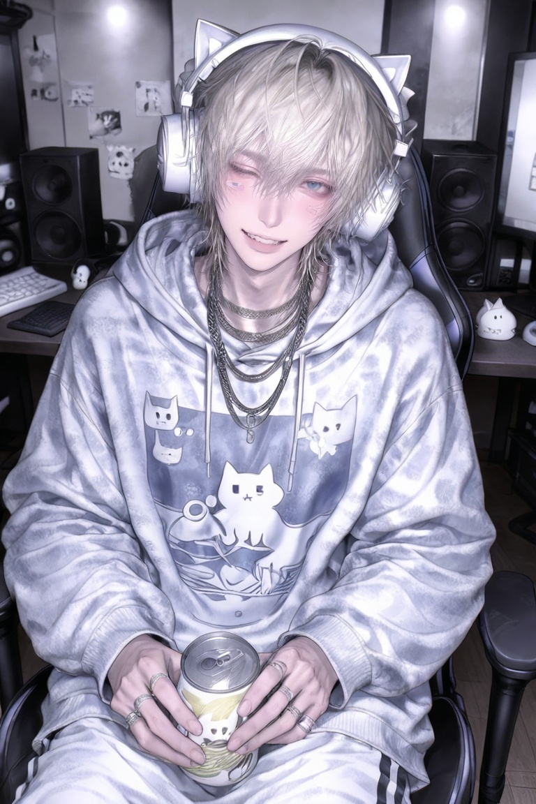 A young man with pale blonde hair and light blue eyes sits in a black gaming chair within a dimly lit room. He wears white...
