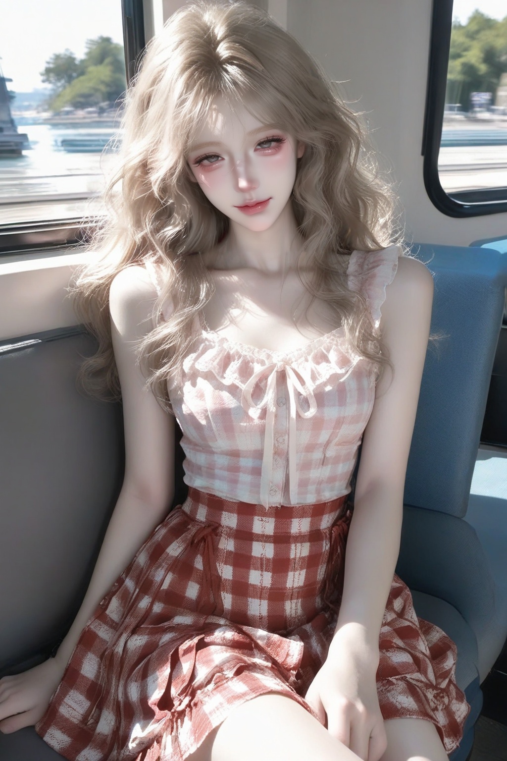 1girl,  sitting on a train seat,  wearing red gingham sleeveless top and frilly cream skirt on Tensor.Art