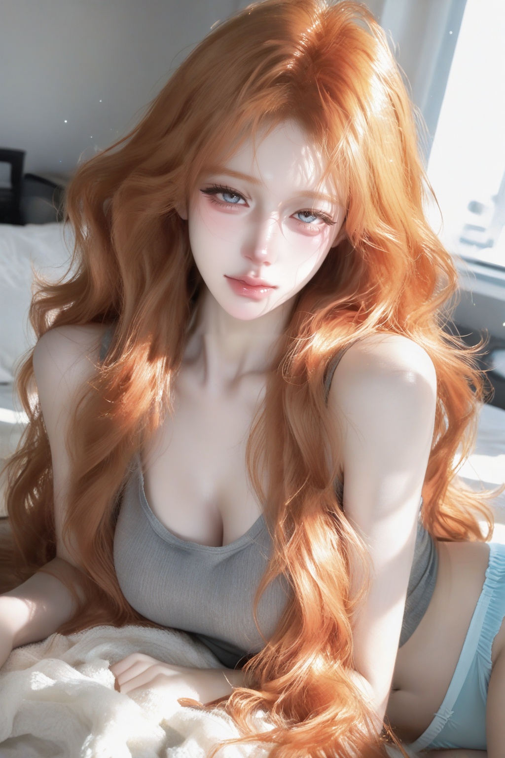 beautiful young woman lying on a bed,  ,  (ginger on Tensor.Art