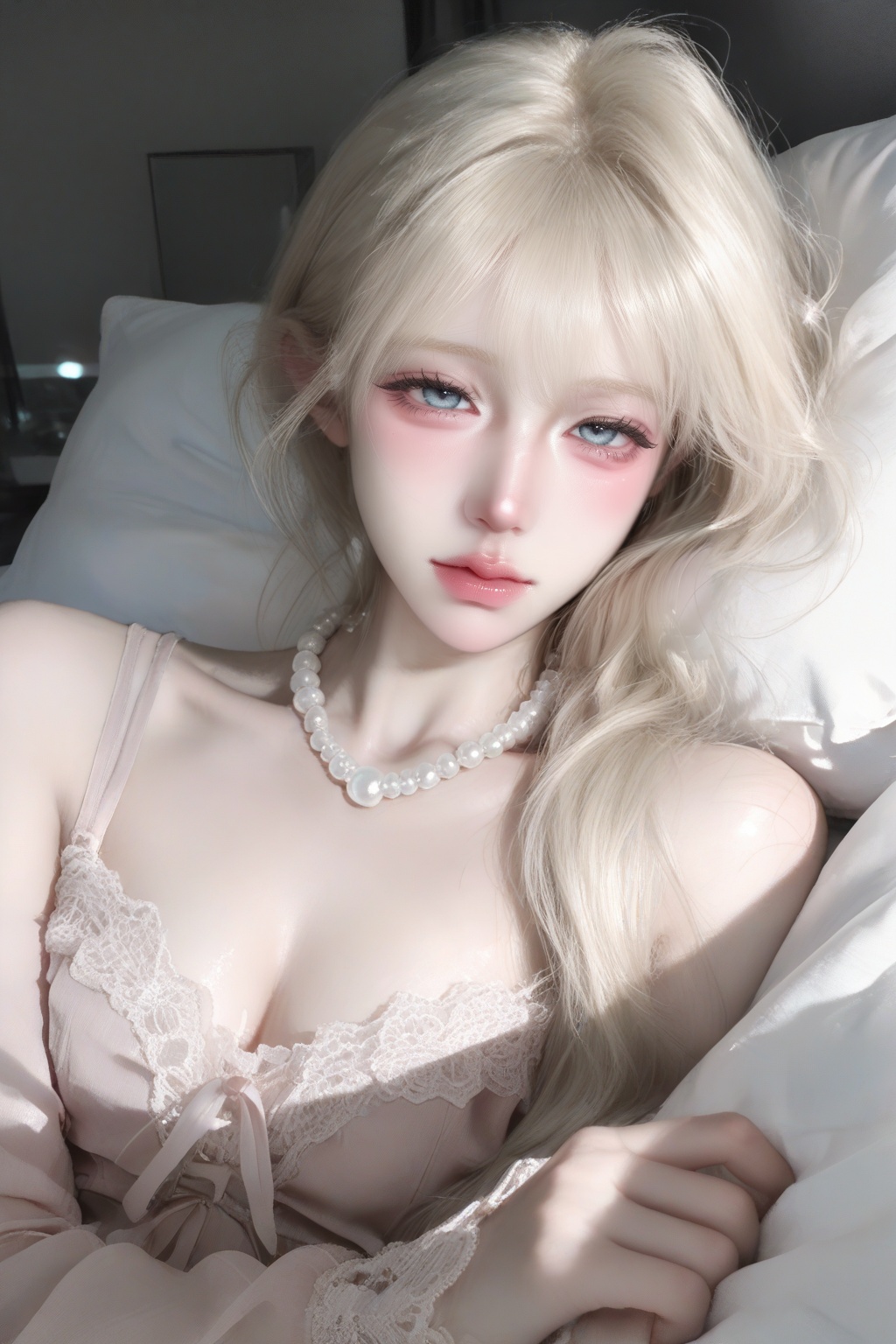 beautiful doll-like woman lying on a bed,  blue eyes,  long voluminous wavy ash blonde hair spread across pillow on Tensor...