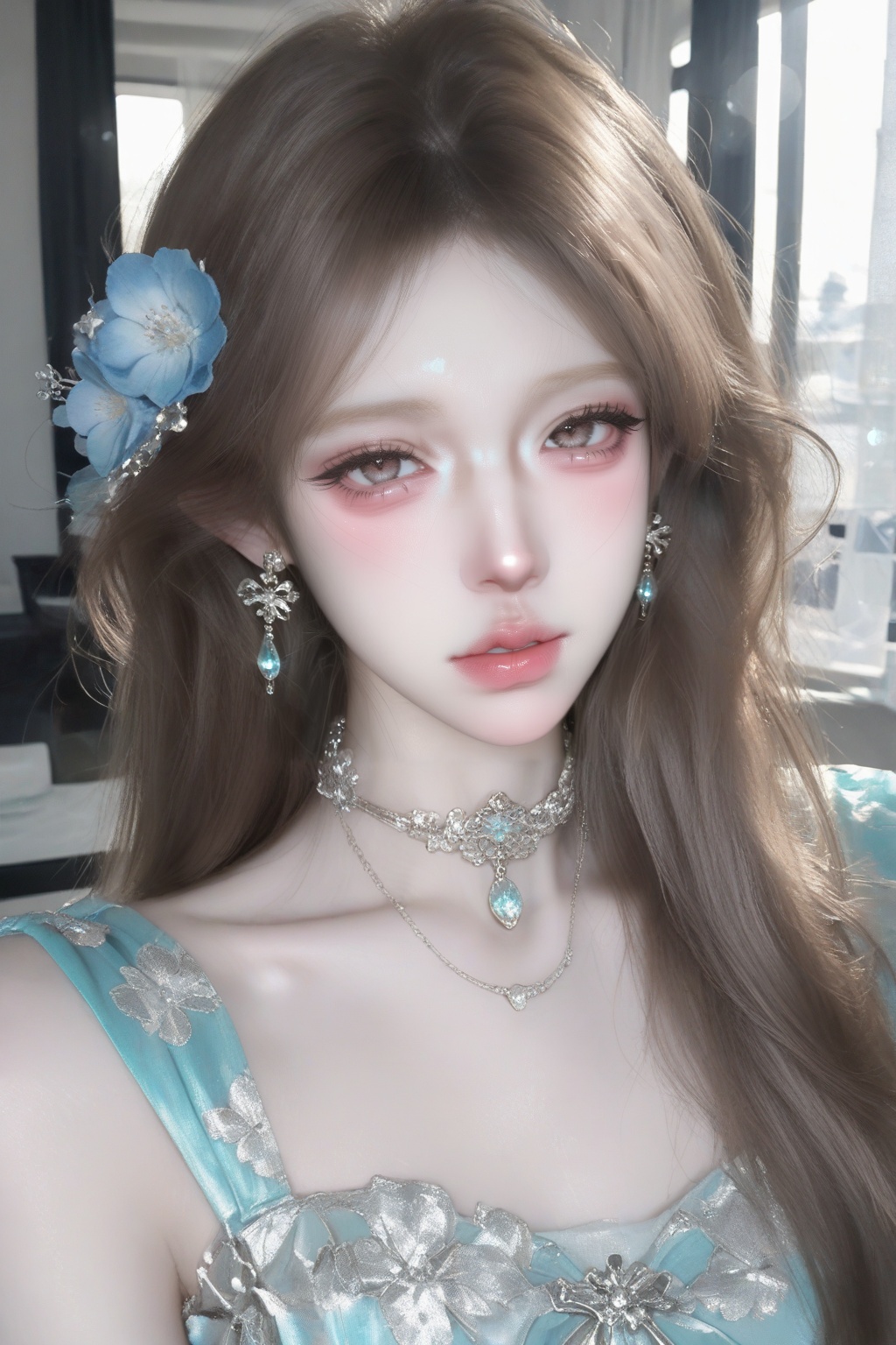ultra detailed portrait of a doll-like beautiful woman,  long voluminous wavy brown hair,  silky smooth hair texture on Te...
