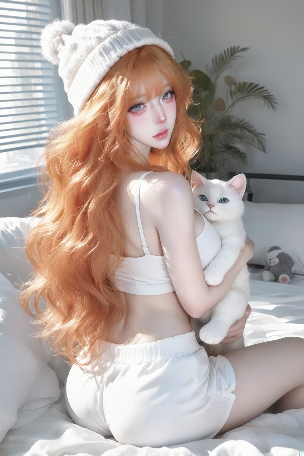 1girl,  sitting on a bed,  big boobs on Tensor.Art