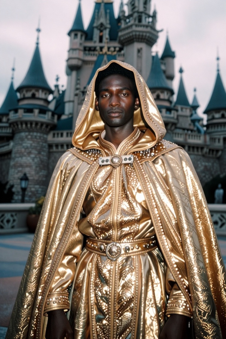 The image depicts a person wearing a golden,  intricately designed cloak with a hood. The cloak is adorned with shimmering...