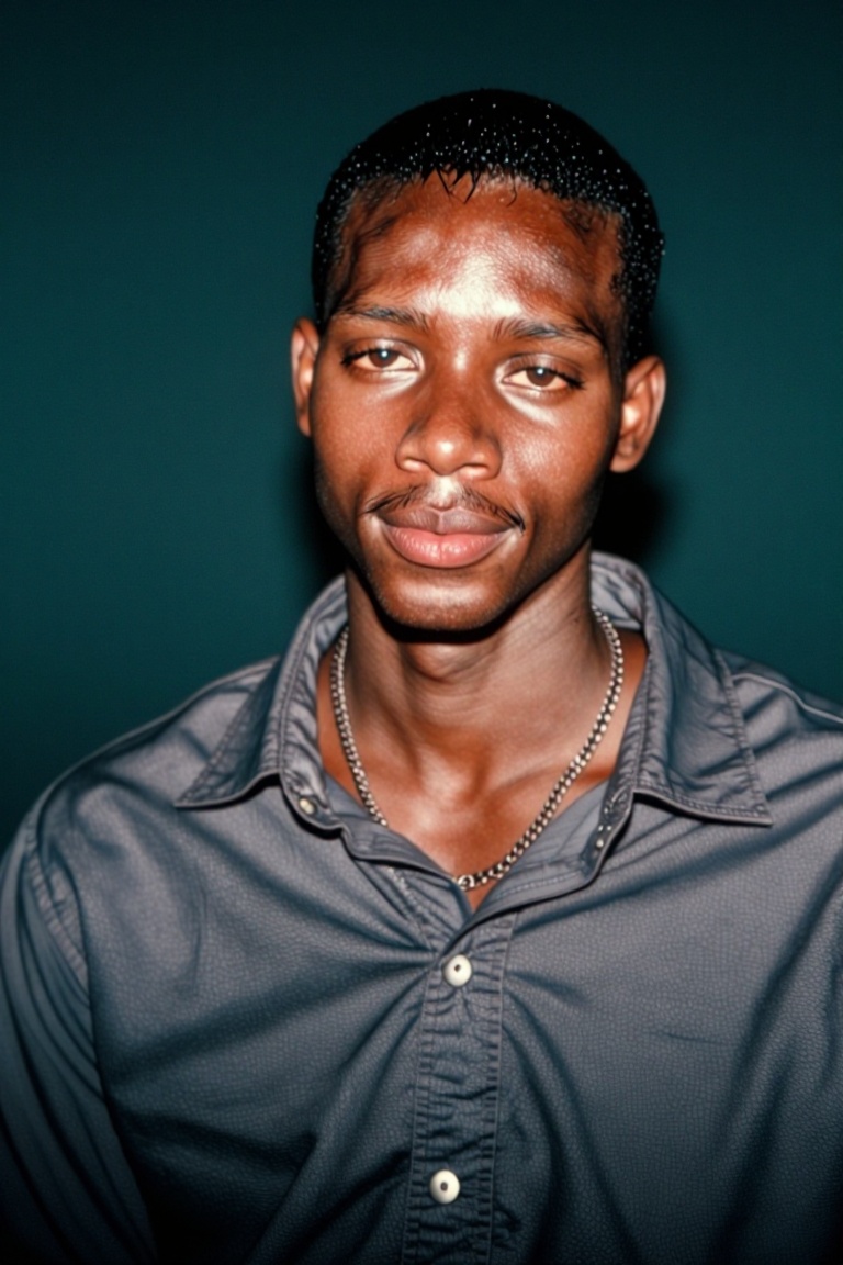 The image shows a person with short,  dark hair,  wearing a collared shirt with a grayish-blue fabric. The shirt has a but...