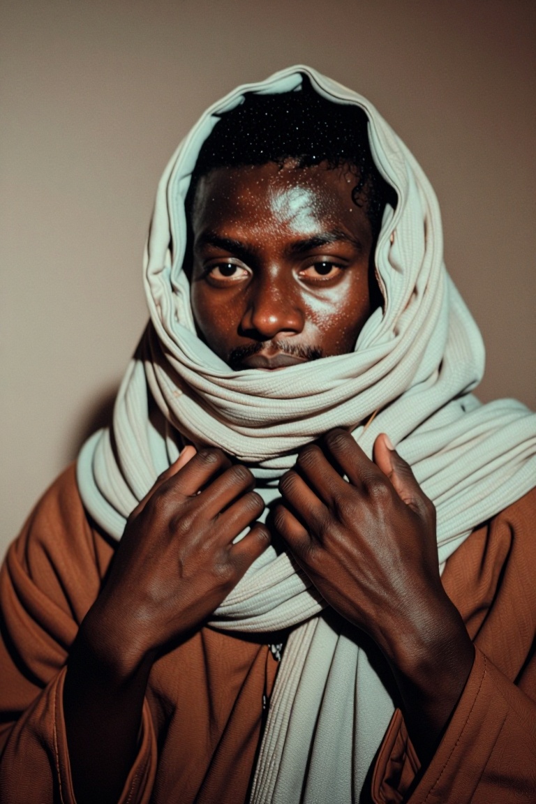 The image shows a person wearing a light-colored scarf wrapped around their neck,  with their hands gently holding the sca...