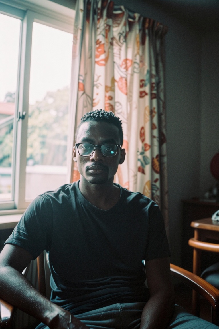 The image shows a person wearing a black t-shirt and glasses,  sitting indoors. Behind the person,  there is a window with...