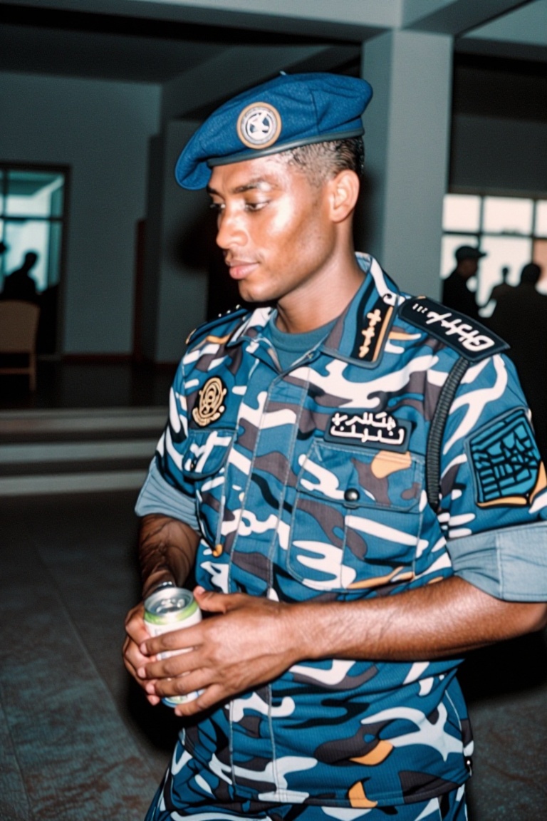 The image shows a person wearing a blue camouflage military uniform with patches and insignia. The individual has a muscul...