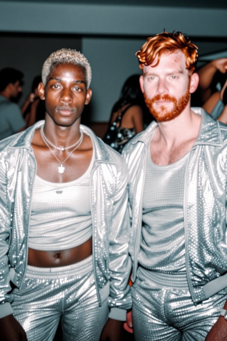 The image shows two individuals standing side by side,  both wearing sparkling silver outfits. The person on the left has...