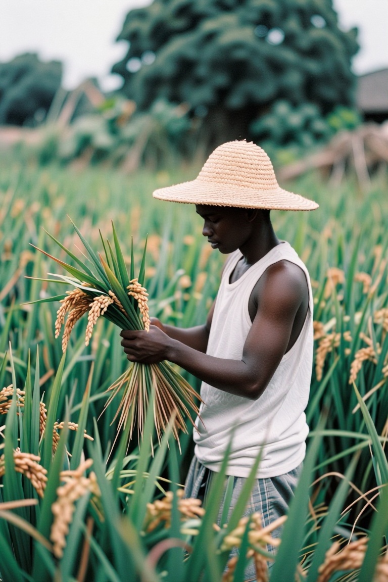 The image shows a person standing in a lush green field of rice plants. The individual is wearing a white sleeveless shirt...