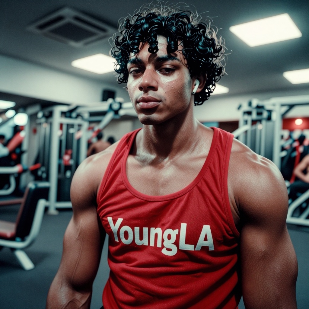 The image shows a person wearing a red **** top with the text "YoungLA" printed on it. The individual has a very muscular...