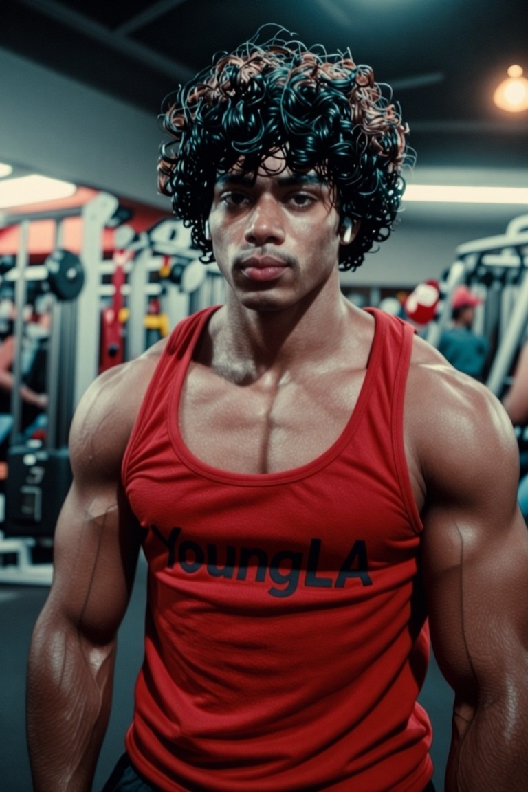 The image shows a person wearing a red **** top with the text "YoungLA" printed on it. The individual has a very muscular...