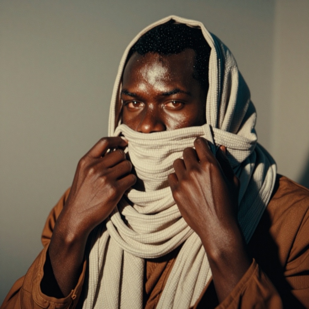 The image shows a person wearing a light-colored scarf wrapped around their neck,  with their hands gently holding the sca...