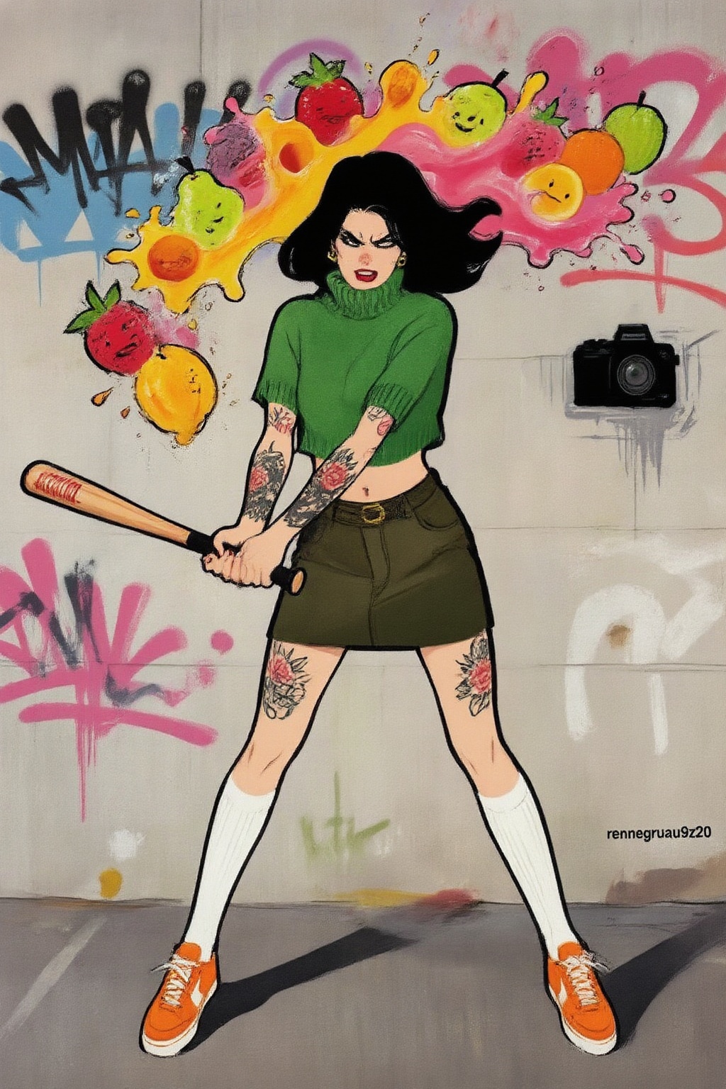 renegruau9z20 fashion illustration.  
Liquid splash, cartoonish juicy fruits chaos, dynamic pose, dynamic camera, a fashion shoot, an illustration of a woman threateningly holding a baseball bat in her hands, full body tattoo, wearing green short sweater, miniskirt, knee socks, orange sneakers, aggressive facial expression, wall with graffiti in the background, 
