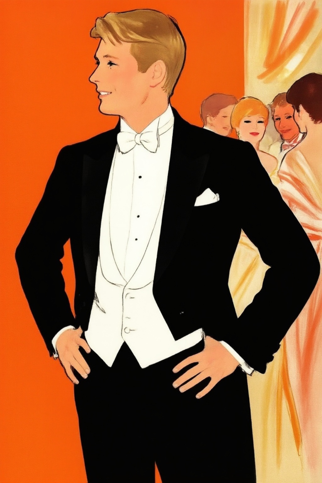 renegruau9z20 fashion illustration.  
A man in a black tuxedo jacket, white bow tie, and white formal shirt with a white waistcoat stands with his face shown in side-profile, facing left with his hands on his hips. He has short, light brown hair and a slight smile on his face. A white pocket square is visible in his left breast pocket. The background immediately behind him is a solid bright orange, while to his right, several other people in formal attire are partially visible in a lighter, yellowish-orange background with abstract light patterns, suggesting a social event. The lighting is even.