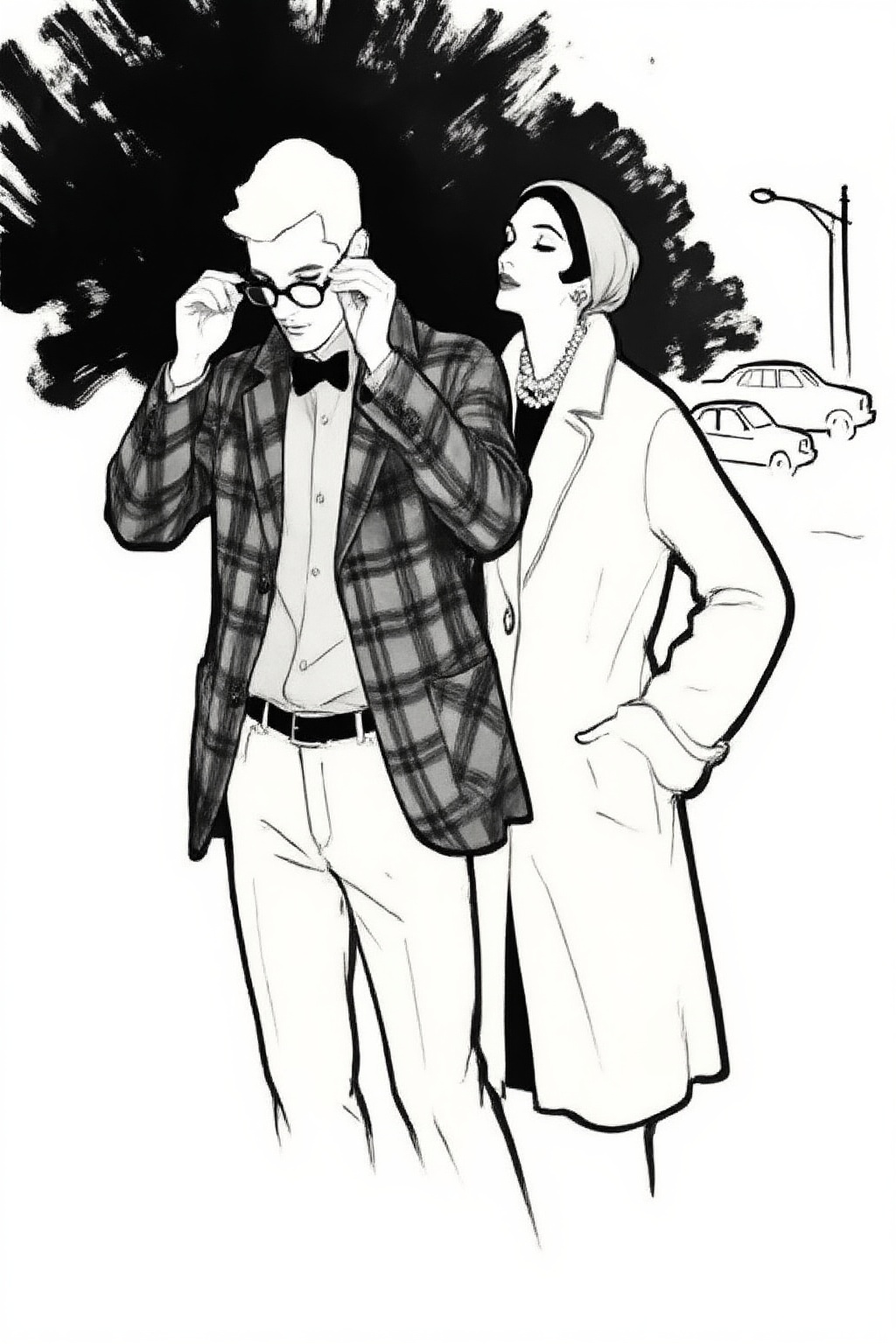 renegruau9z20 fashion illustration.  
Monochrome illustration. A man in a plaid jacket, light shirt, and bow tie stands with his hands adjusting eyeglasses on his face, looking downwards and slightly to the left. He wears light trousers and a dark belt. Beside and slightly behind him, a woman with a light head covering and a pearl necklace tilts her head upwards and to the right, her eyes closed, wearing a long, light-colored coat. Her left hand rests on her hip. In the background, there are dark, brush-like strokes suggesting trees or foliage, along with faint outlines of cars and a streetlamp.