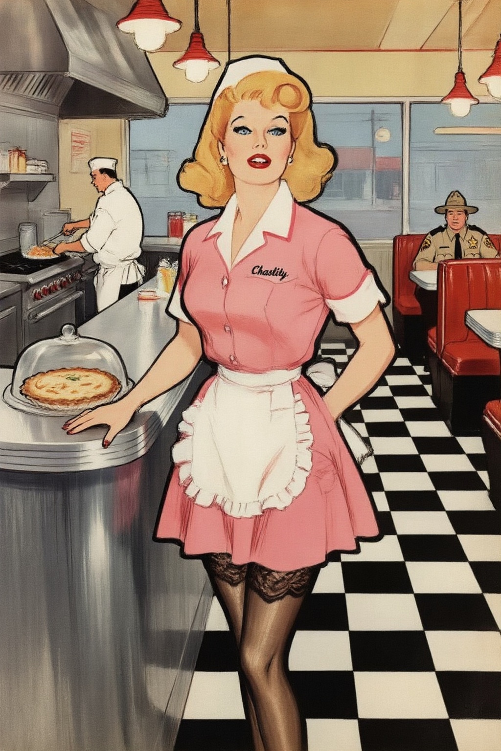 renegruau9z20 fashion illustration.  
In a bright retro diner, a voluptuous blonde woman with wavy shoulder-length hair in 1950s vintage style and blue eyes stands behind a stainless steel counter. She wears a short pink waitress uniform with a white collar, a ruffled white apron, and a matching cap, paired with dark lace-topped stockings. She looks at the viewer with her body slightly angled, resting one hand on the counter near a glass-domed pie, and one hand behind her back. She wears a name tag that says "Chastity". On the left, a man in a white chef's uniform prepares food at a stove under a metal hood. In the background to the right, a man in a tan sheriff's uniform and hat sits at a booth. The setting includes a black and white checkered floor, red hanging lamps, and large windows showing a street. This eye-level medium shot captures the woman as the central figure, with the kitchen and dining area clearly visible in the background.