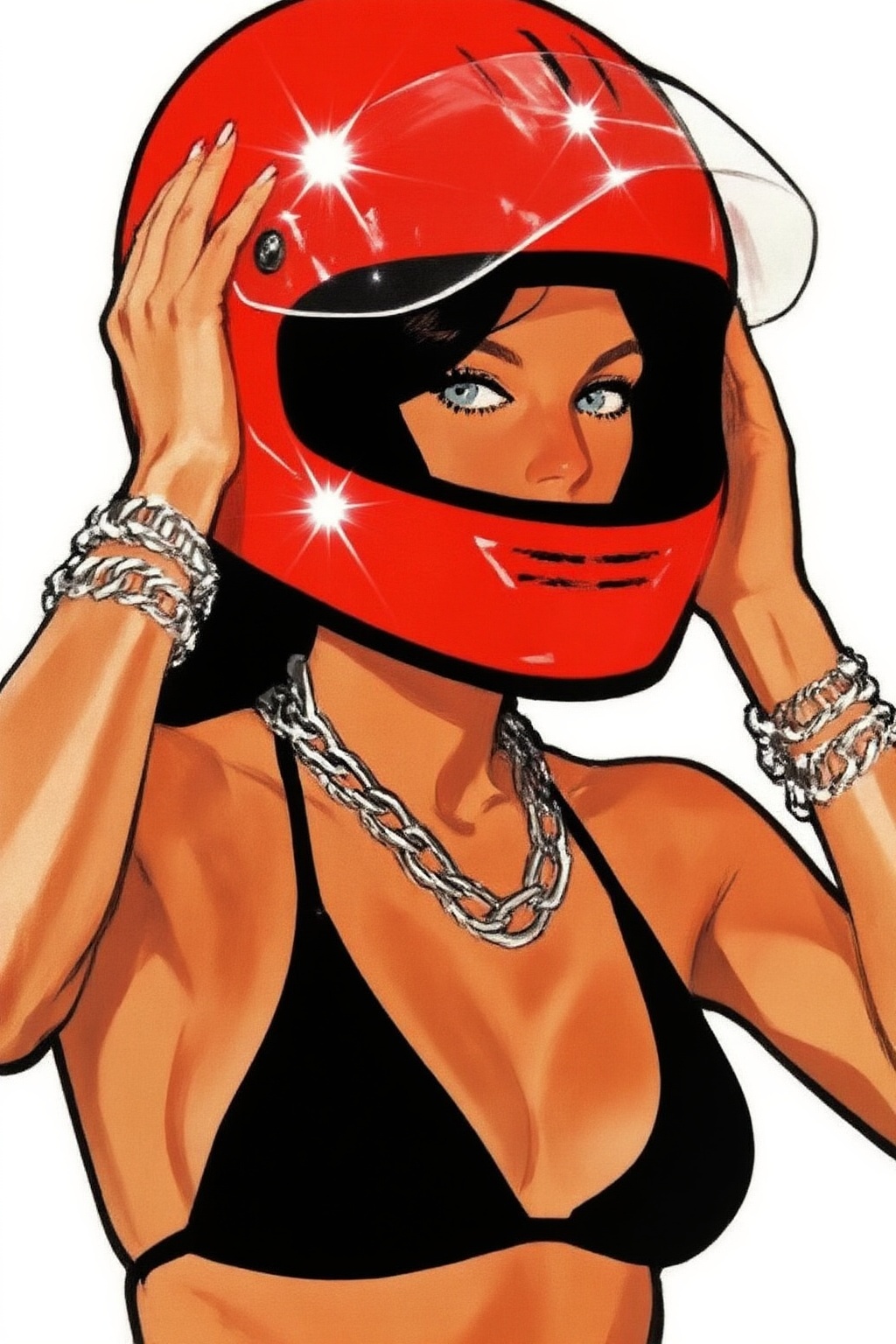 renegruau9z20 fashion illustration. Low-angle,  close-up of a young woman with tanned skin and dark hair taking off a glos...