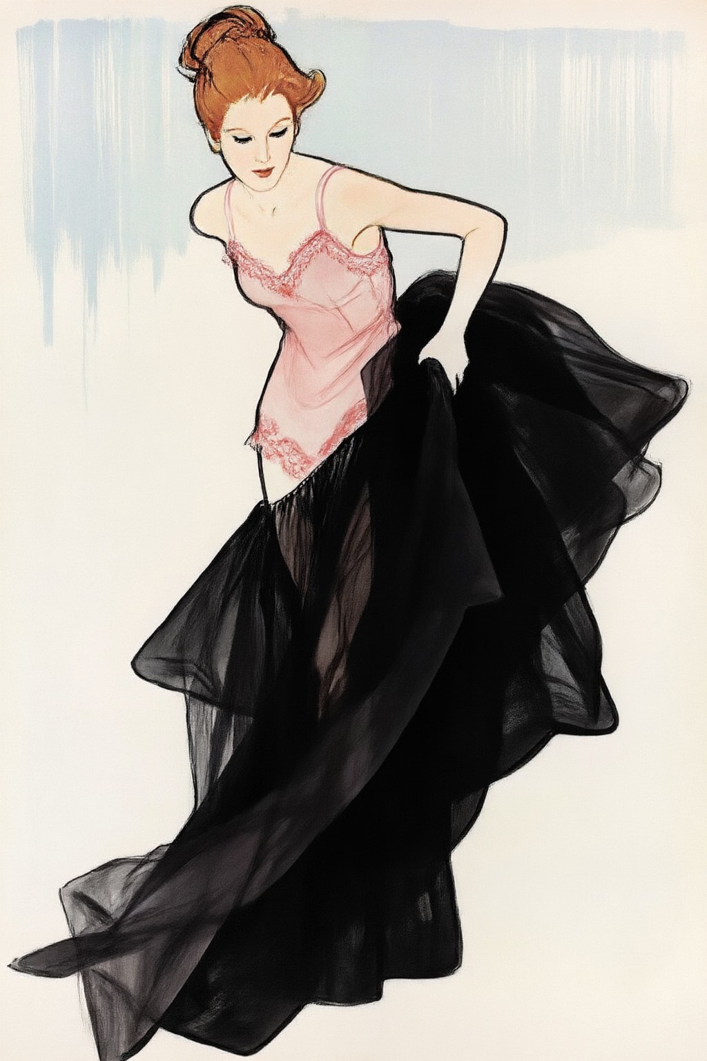 renegruau9z20 fashion illustration.  
A woman with red-orange hair styled in an intricate updo is depicted bending forward and looking down with a focused expression. She wears a light pink slip or chemise, which features visible lace trim along the bust and hem. Her right arm extends downward, holding up a voluminous black skirt composed of layered, sheer, and opaque fabrics, which pools at the bottom. Her body is angled slightly to the left. The background is plain and light, marked by faint, light blue vertical streaks. The scene is viewed from a slightly elevated camera angle.