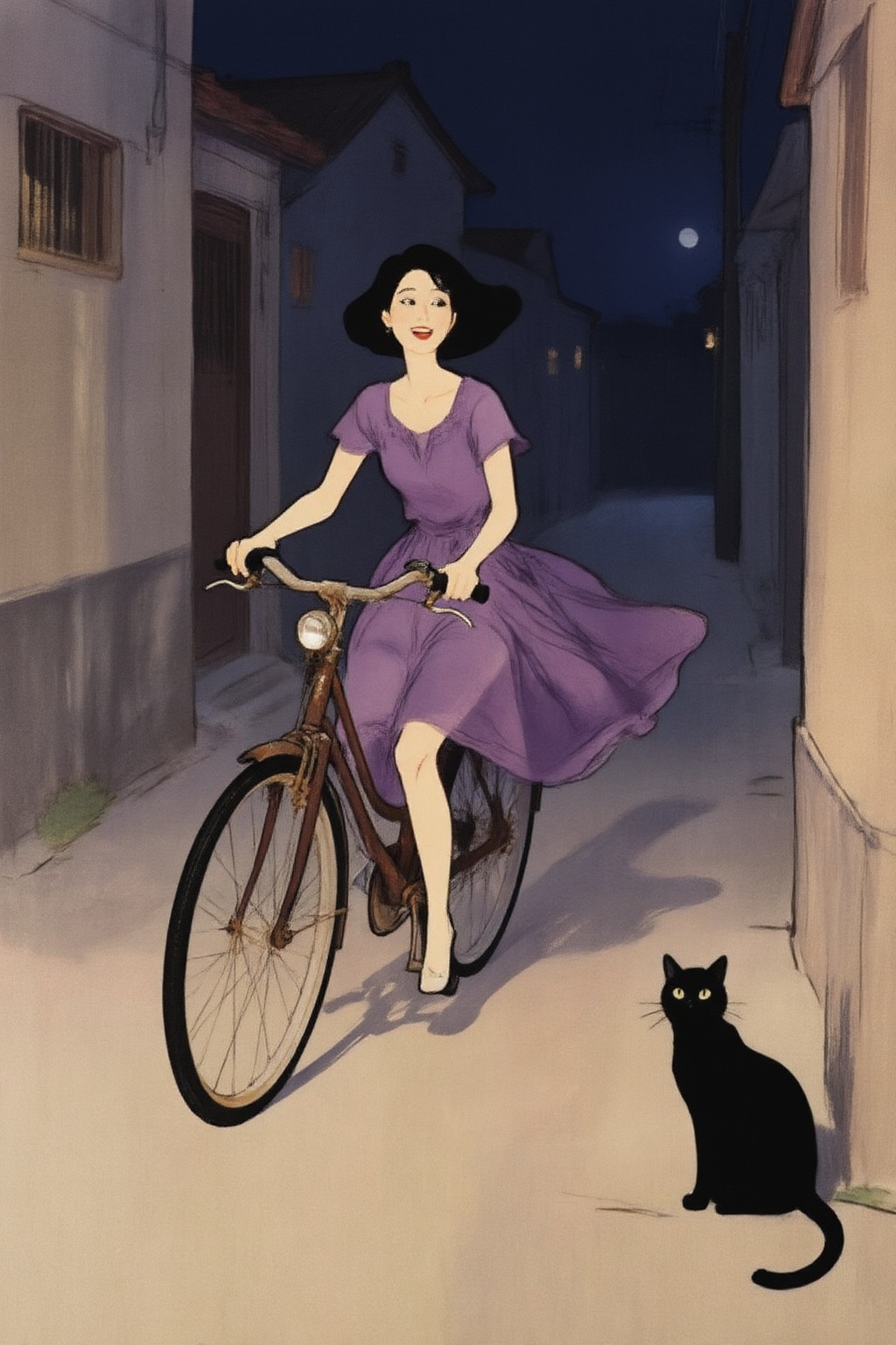 renegruau9z20 fashion illustration.  
Young Asian woman riding an old style bicycle through a narrow, quiet street at night. The happy woman wears a simple, flowing purple dress. In the corner, a small black cat with piercing eyes sits watching her quietly. The mood is tranquil and slightly magical. 