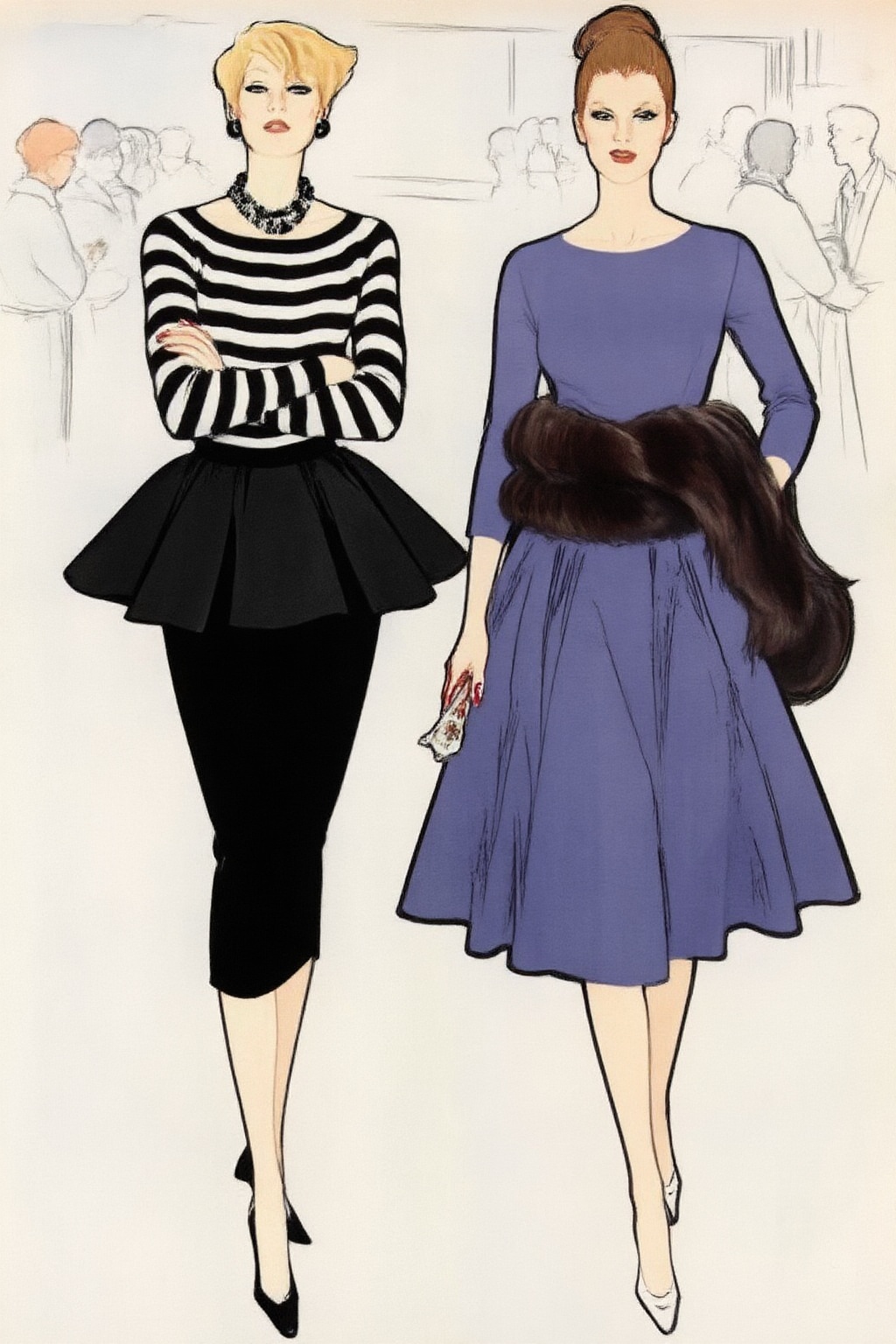 renegruau9z20 fashion illustration.  
Two women stand prominently in the foreground against a background of lightly sketched figures. The woman on the left has short blonde hair and wears a striped black and white long-sleeved top with a voluminous black peplum over a tight black skirt. She crosses her arms, looking left with a serious expression, adorned with a black circular earring and necklace. The woman on the right has reddish-brown hair styled in a bun, looking at the viewer with a knowing gaze. She wears a periwinkle blue long-sleeved dress with a full skirt and a dark brown fur wrap around her hips, holding a small item in her red-nailed hand. The background outlines suggest other people in a social setting.