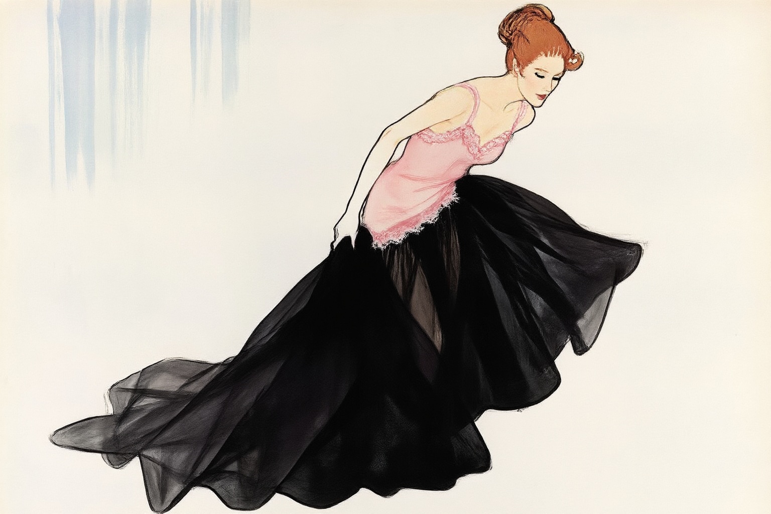 renegruau9z20 fashion illustration.  
A woman with red-orange hair styled in an intricate updo is depicted bending forward and looking down with a focused expression. She wears a light pink slip or chemise, which features visible lace trim along the bust and hem. Her right arm extends downward, holding up a voluminous black skirt composed of layered, sheer, and opaque fabrics, which pools at the bottom. Her body is angled slightly to the left. The background is plain and light, marked by faint, light blue vertical streaks. The scene is viewed from a slightly elevated camera angle.