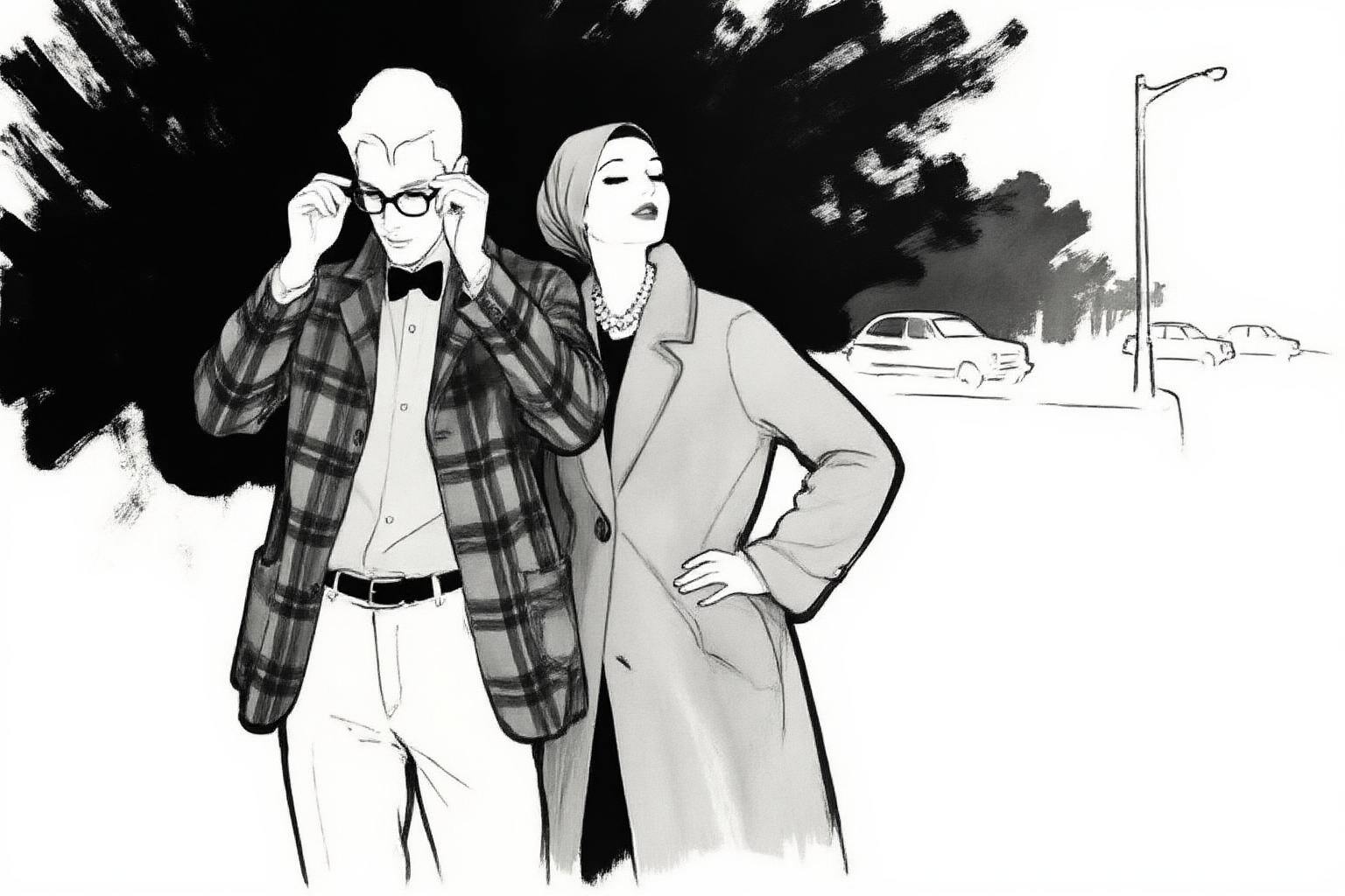 renegruau9z20 fashion illustration.  
Monochrome illustration. A man in a plaid jacket, light shirt, and bow tie stands with his hands adjusting eyeglasses on his face, looking downwards and slightly to the left. He wears light trousers and a dark belt. Beside and slightly behind him, a woman with a light head covering and a pearl necklace tilts her head upwards and to the right, her eyes closed, wearing a long, light-colored coat. Her left hand rests on her hip. In the background, there are dark, brush-like strokes suggesting trees or foliage, along with faint outlines of cars and a streetlamp.