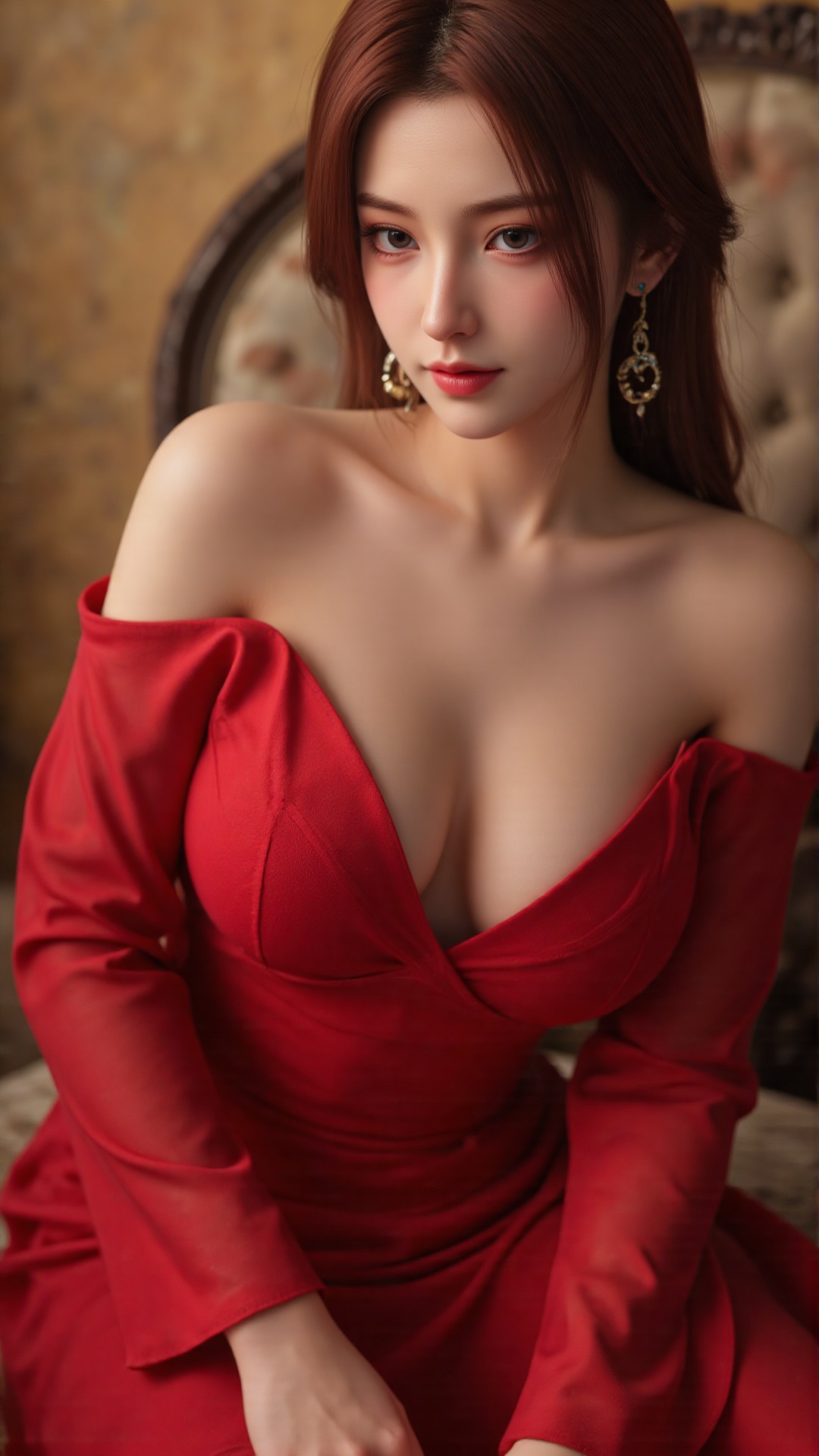 A stunning 18-year-old Chinese woman wraps herself in a vibrant red scarf,  posing seductively against a sleek,  modern ba...