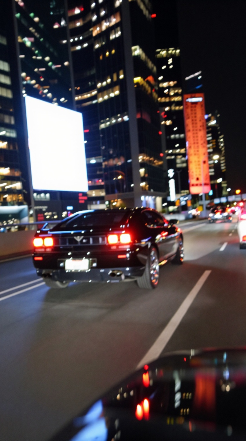 taken_by_ph0ne,  A sleek black sports car with distinctive horizontal rear grilles and bright rectangular taillights speed...