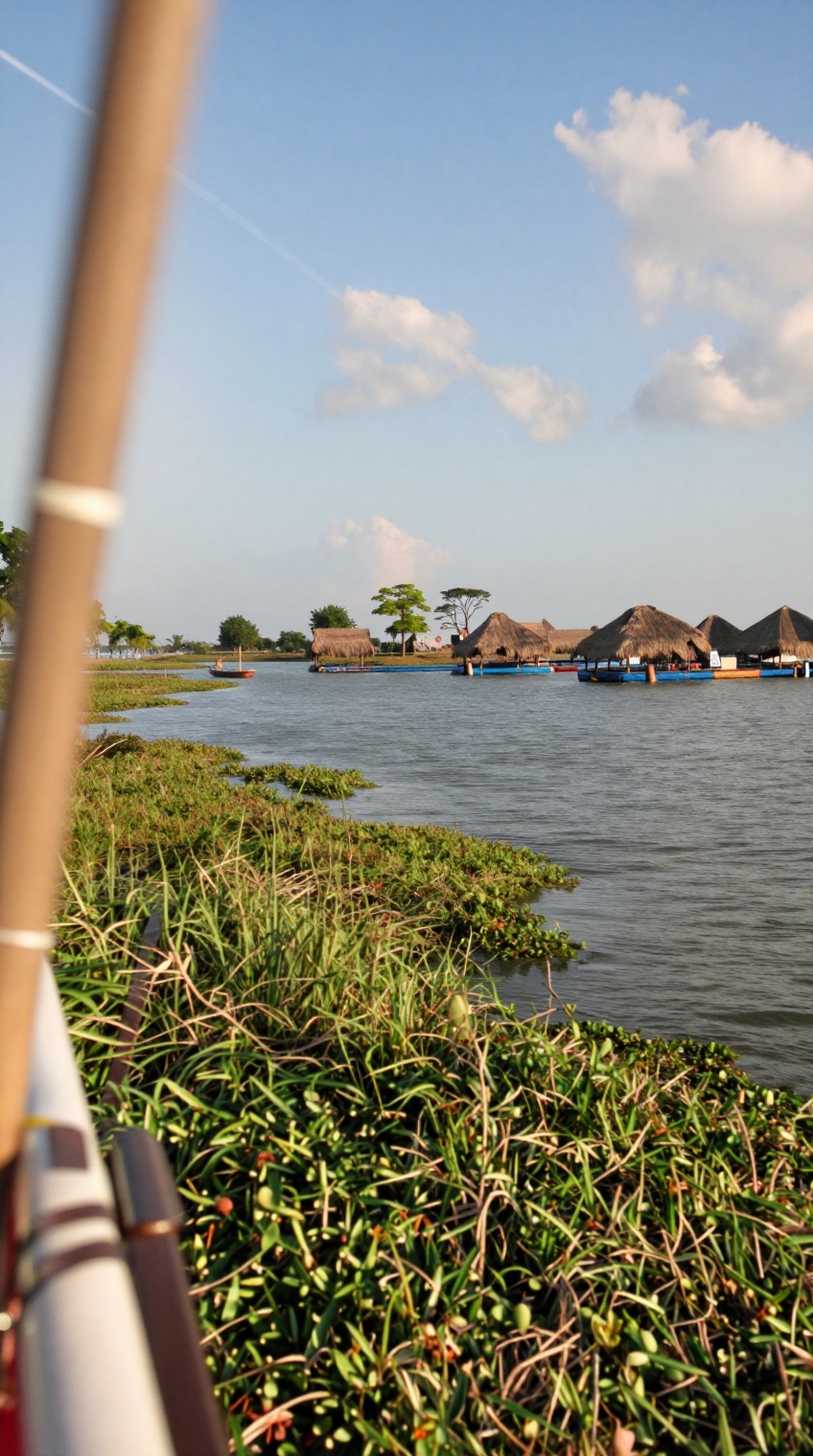 taken_by_ph0ne,  A tranquil waterway stretches across the frame,  bordered by lush green vegetation and floating aquatic p...