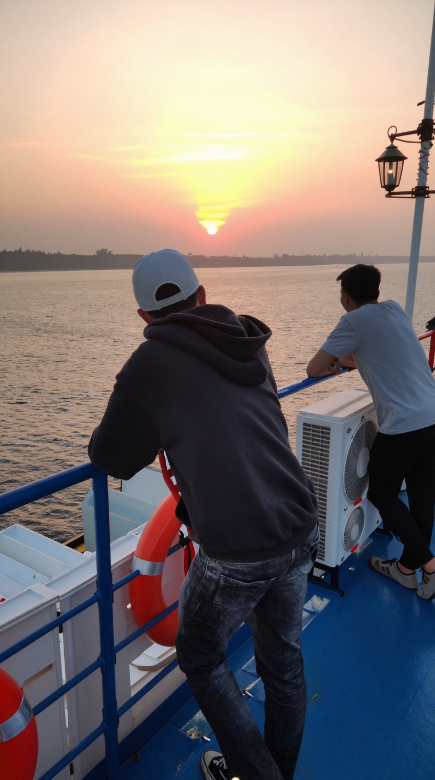 taken_by_ph0ne,  Two men stand on the blue-painted deck of a ferry at sunset,  gazing toward the horizon where the sun dip...