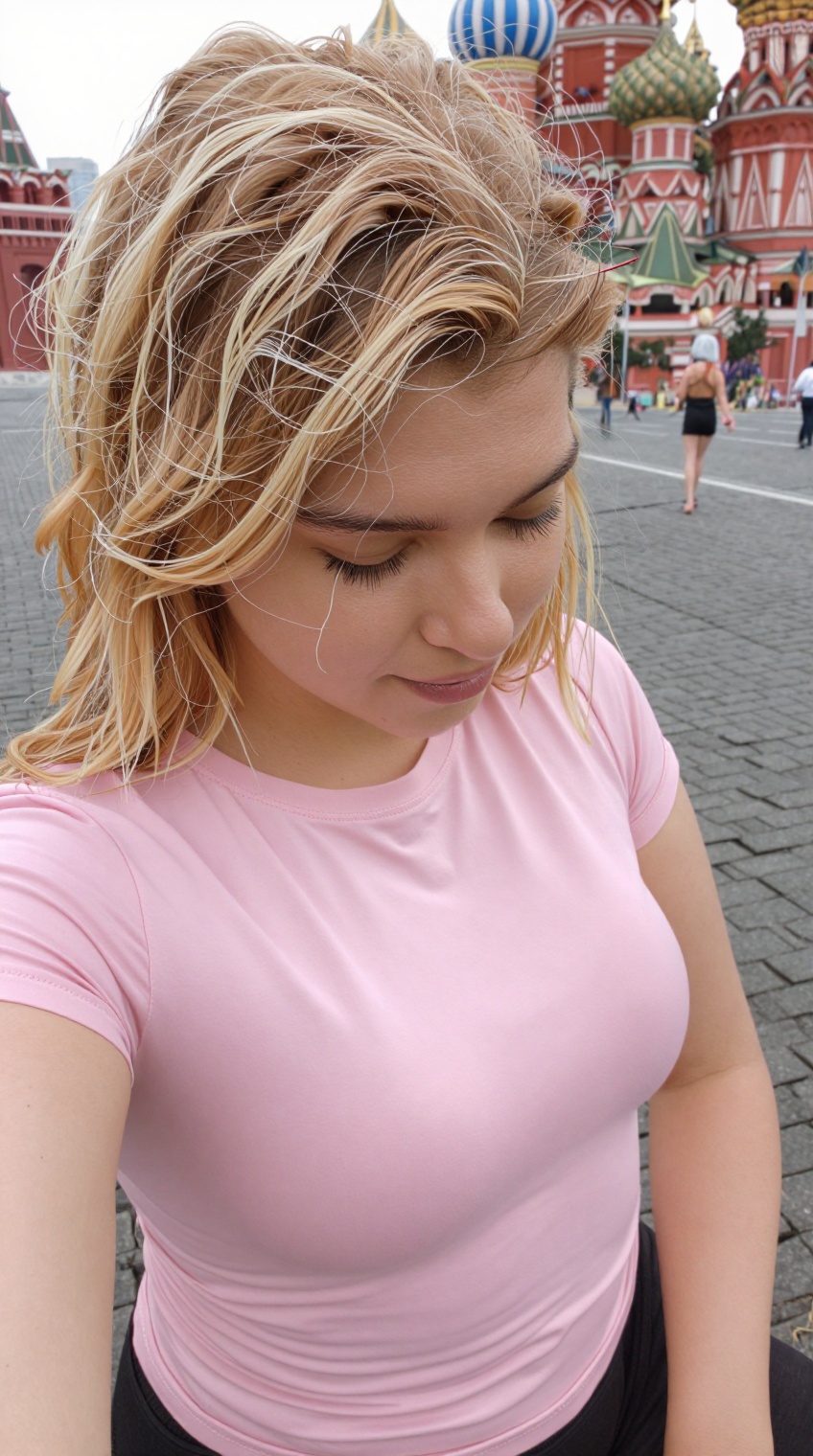 taken_by_ph0ne,  a beautiful blonde russian woman with curvy body in a pink t-shirt sitting outdoors and looking down at m...