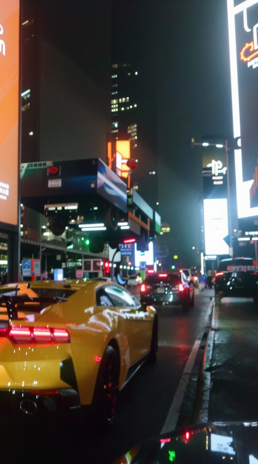 taken_by_ph0ne,  A rain-slicked urban street at night glows with neon signage in orange,  green on Tensor.Art