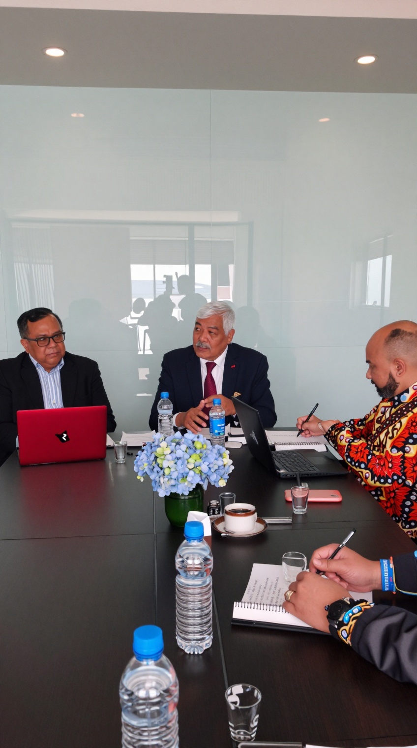 taken_by_ph0ne,  Three men sit at a long dark wooden table in a modern conference room with a pale glass wall and recessed...