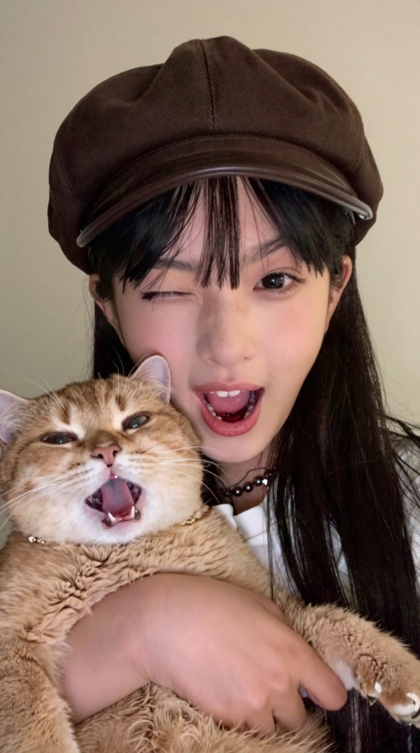 taken_by_ph0ne,  close-up selfie of a playful Asian young woman holding a chubby orange tabby cat. She wears a brown baker...