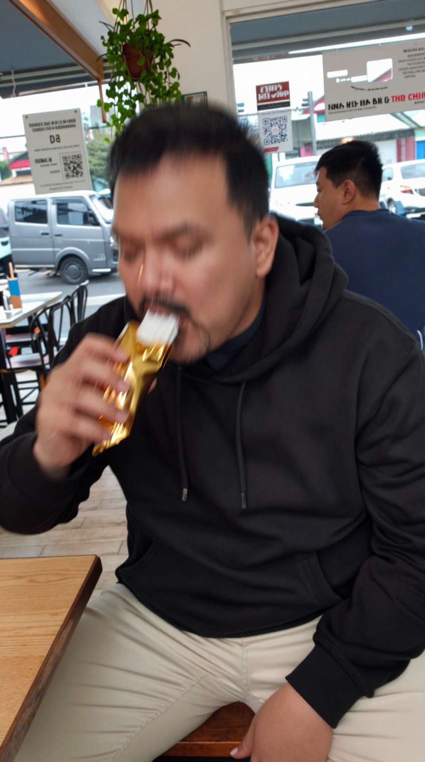 taken_by_ph0ne,  A man with short dark hair and a mustache,  wearing a black hoodie over a dark shirt and light beige pant...