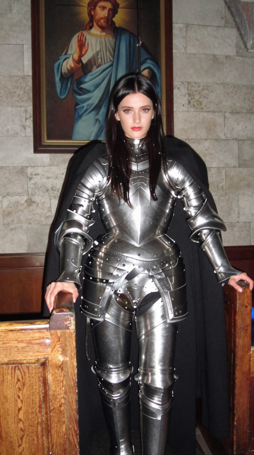 taken_by_ph0ne,  A raw and atmospheric photo of a woman with long dark hair wearing a full suit of gleaming silver plate a...