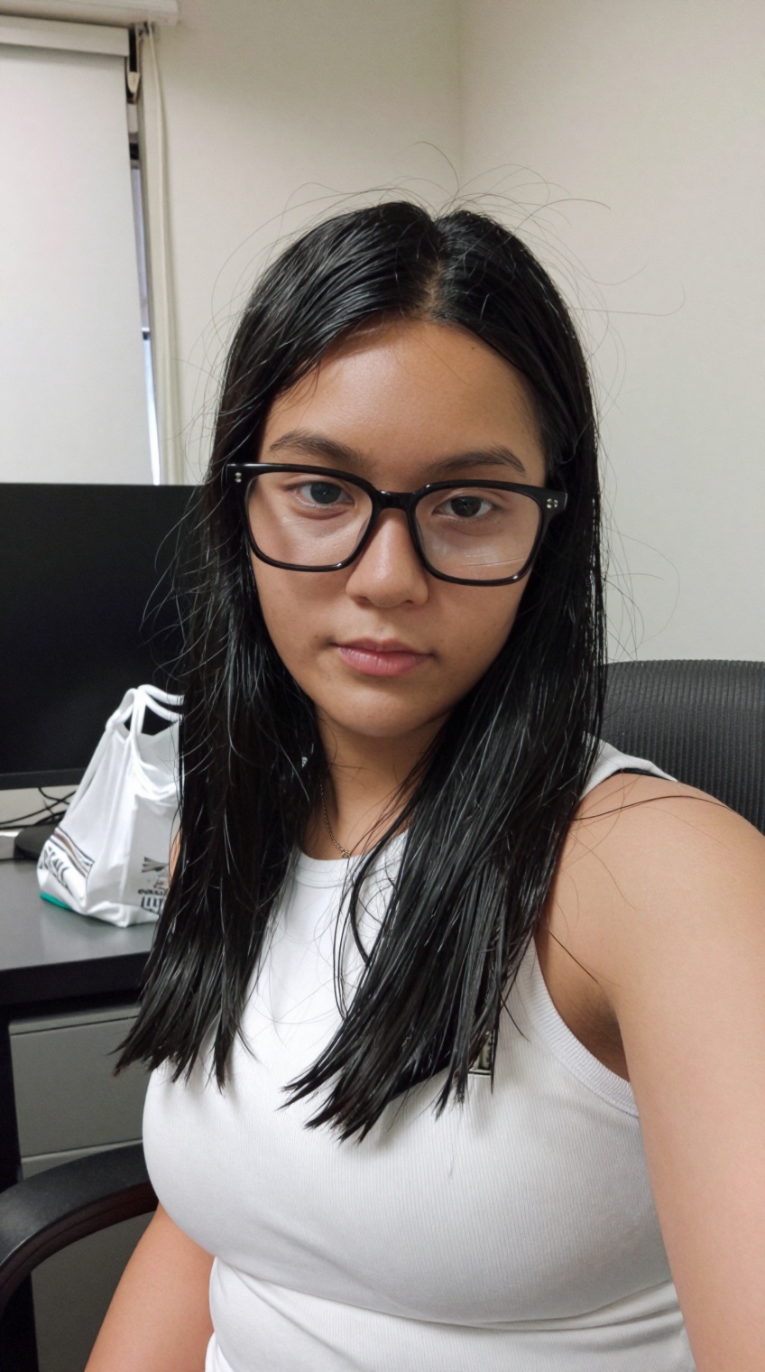 taken_by_ph0ne,  A young woman with long,  straight black hair and dark-rimmed glasses gazes directly at the viewer on Ten...