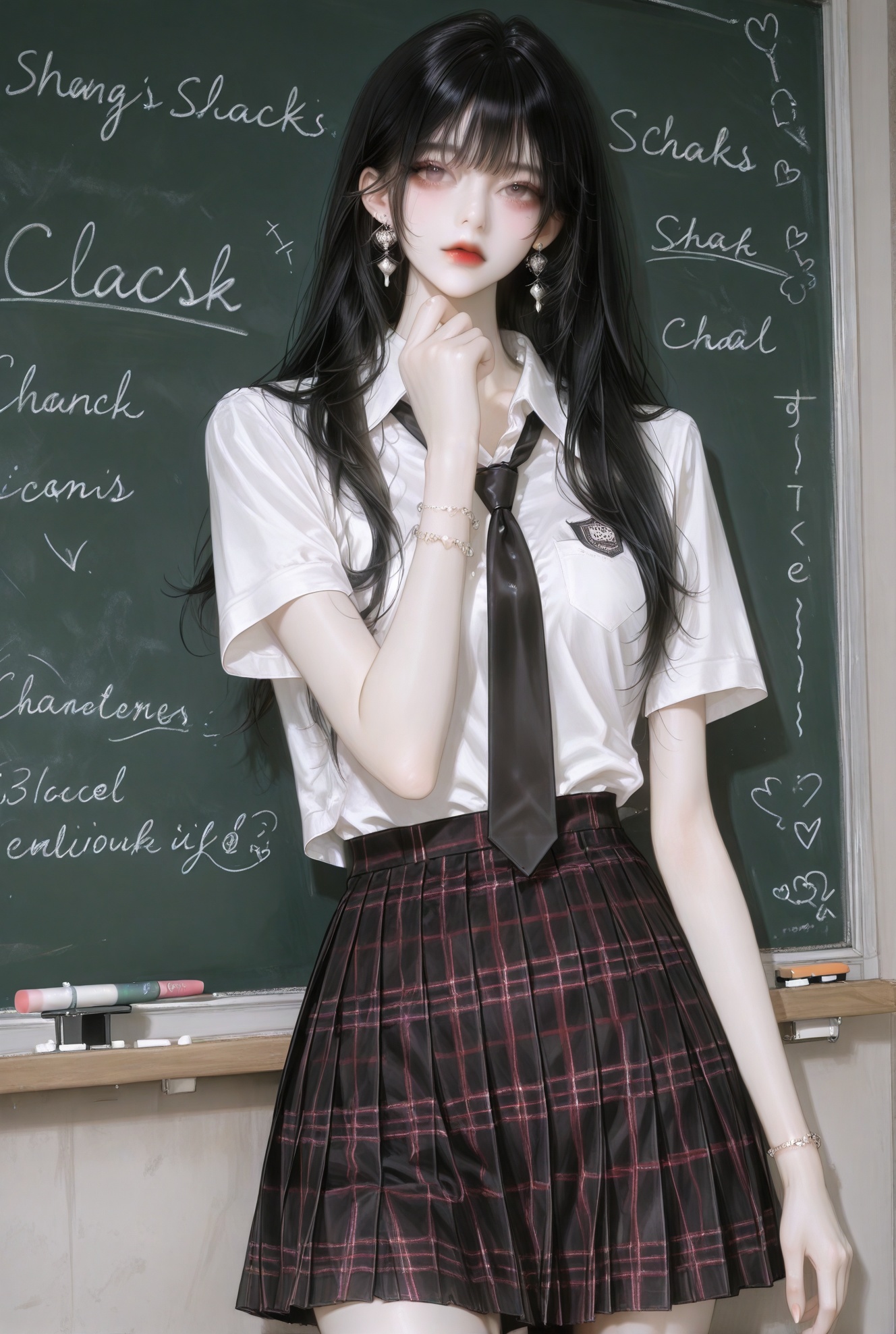 1girl solo long hair looking at viewer bangs skirt shirt black hair holding jewelry school uniform standing white shirt short sleeves cowboy shot pleated skirt earrings necktie collared shirt indoors hand up black skirt bracelet plaid plaid skirt black necktie red lips chalkboard chalk