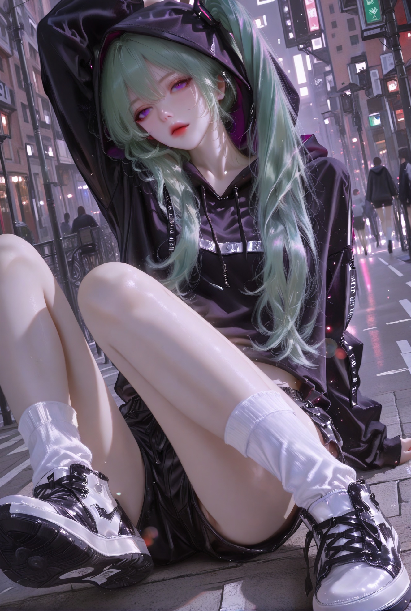 Depth of field, light particles, lens flare, (wlop:0.6), (wanke:0.6), This is an ultra-high-definition digital illustration depicting Hatsune Miku, a girl, attractive, sexy, seductive eyes, purple eyes, seductive lips, lipgloss, long hair, light green hair, aerrings, nacklace, she is wearing a black hooded sweatshirt, black shorts, a pair of knee-high white socks and white sneakers, sitting, Dutch angle, dynamic pose, from_down, downward view, downward pov, street art background,